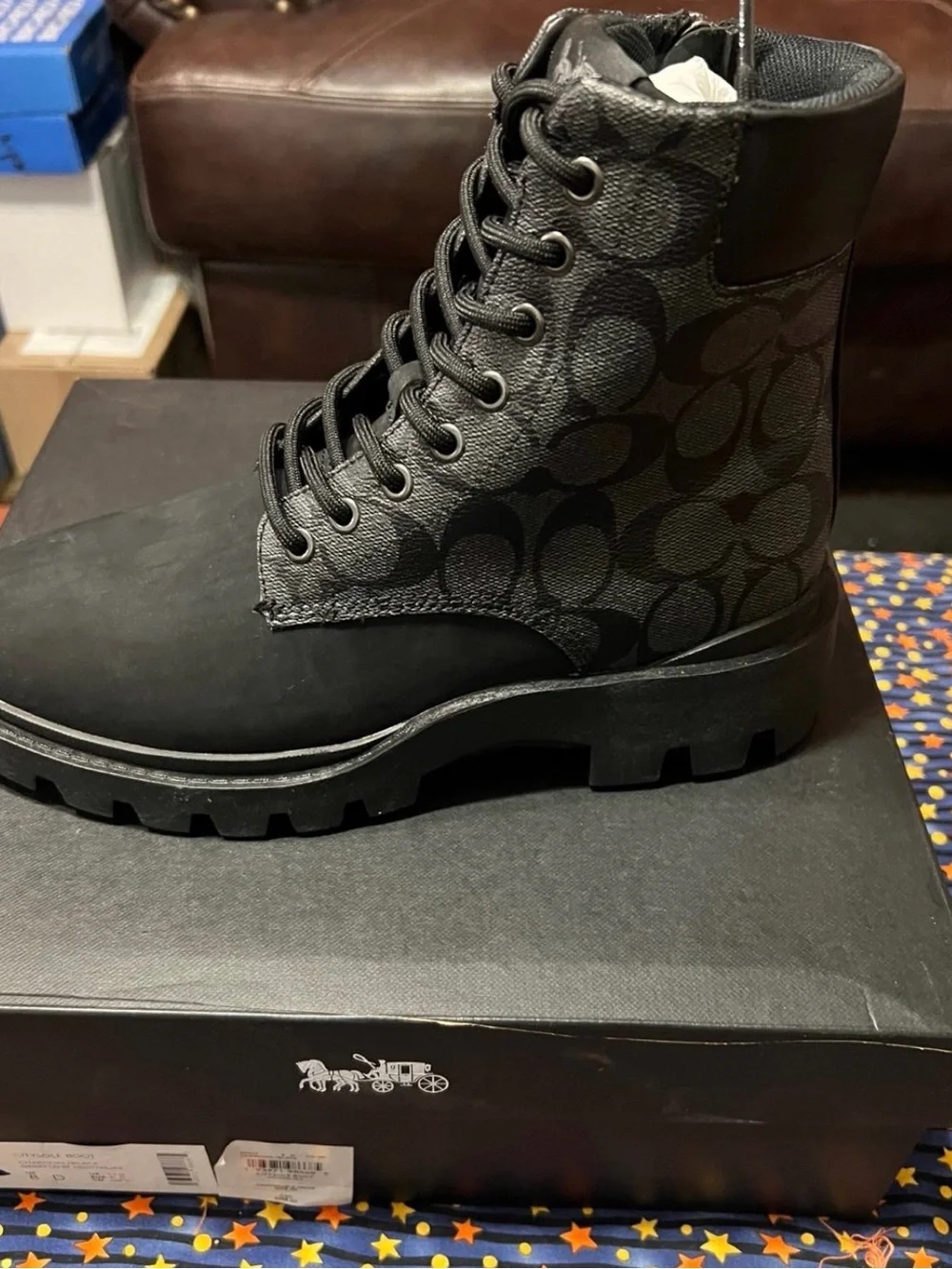 Coach Black Signature Logo Lace-Up Combat Boot